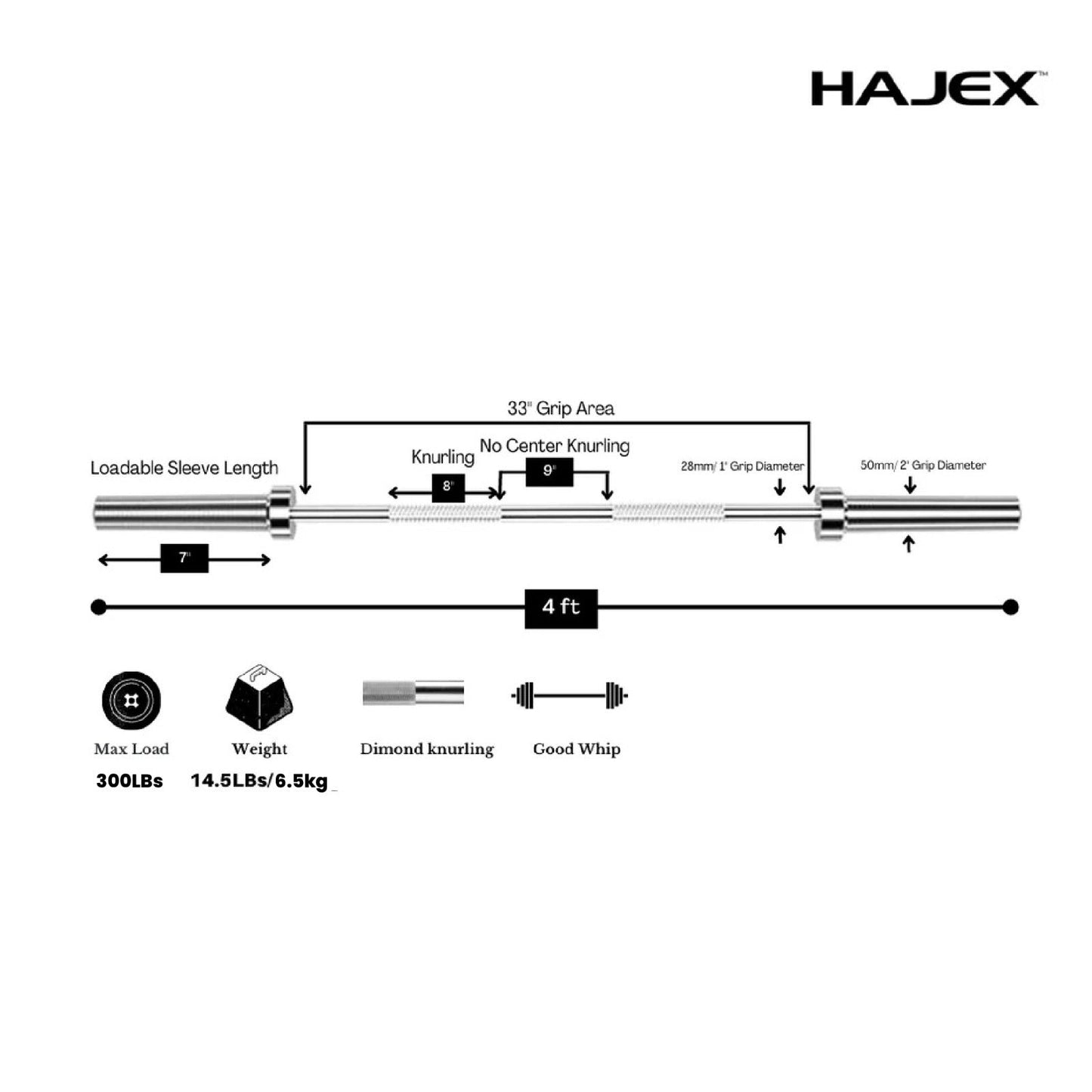 HAJEX Olympic and Standard Barbell Bars with Bearings and High Loading Capacity