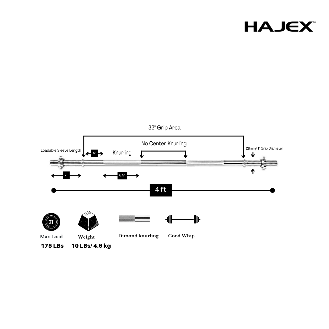 HAJEX Olympic and Standard Barbell Bars with Bearings and High Loading Capacity