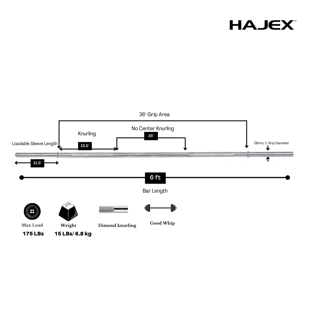 HAJEX Olympic and Standard Barbell Bars with Bearings and High Loading Capacity