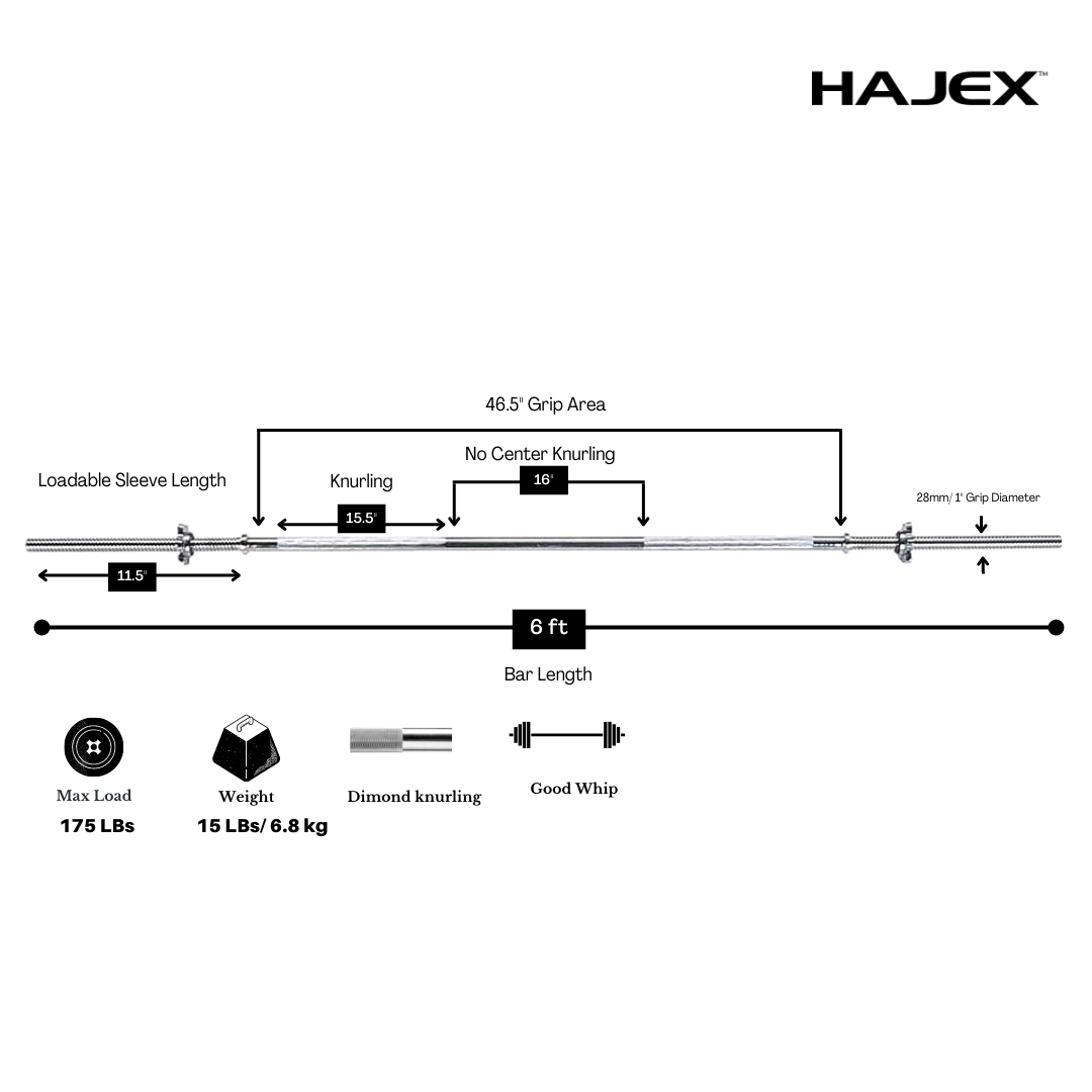 HAJEX Olympic and Standard Barbell Bars with Bearings and High Loading Capacity