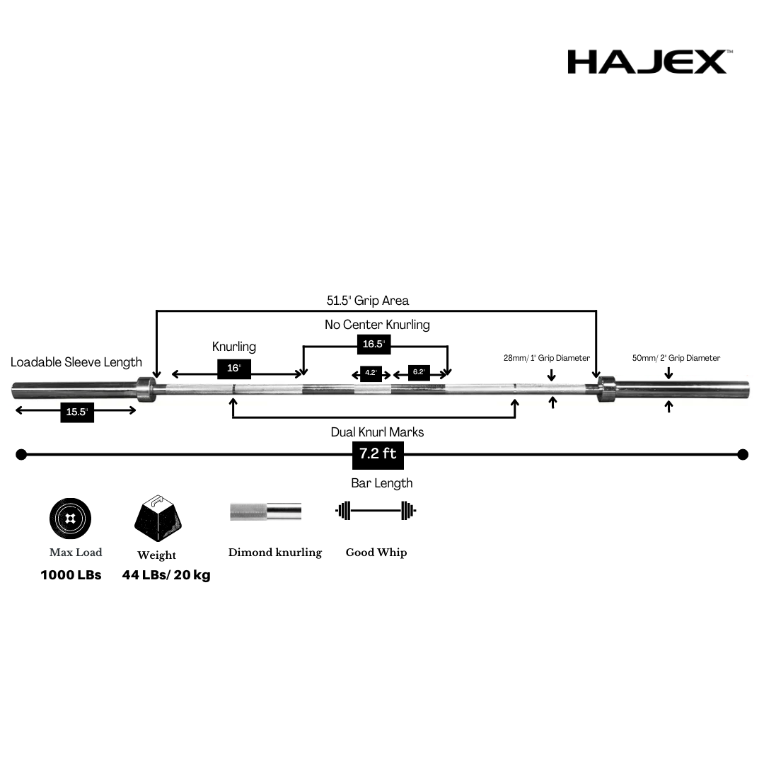 HAJEX Olympic and Standard Barbell Bars with Bearings and High Loading Capacity