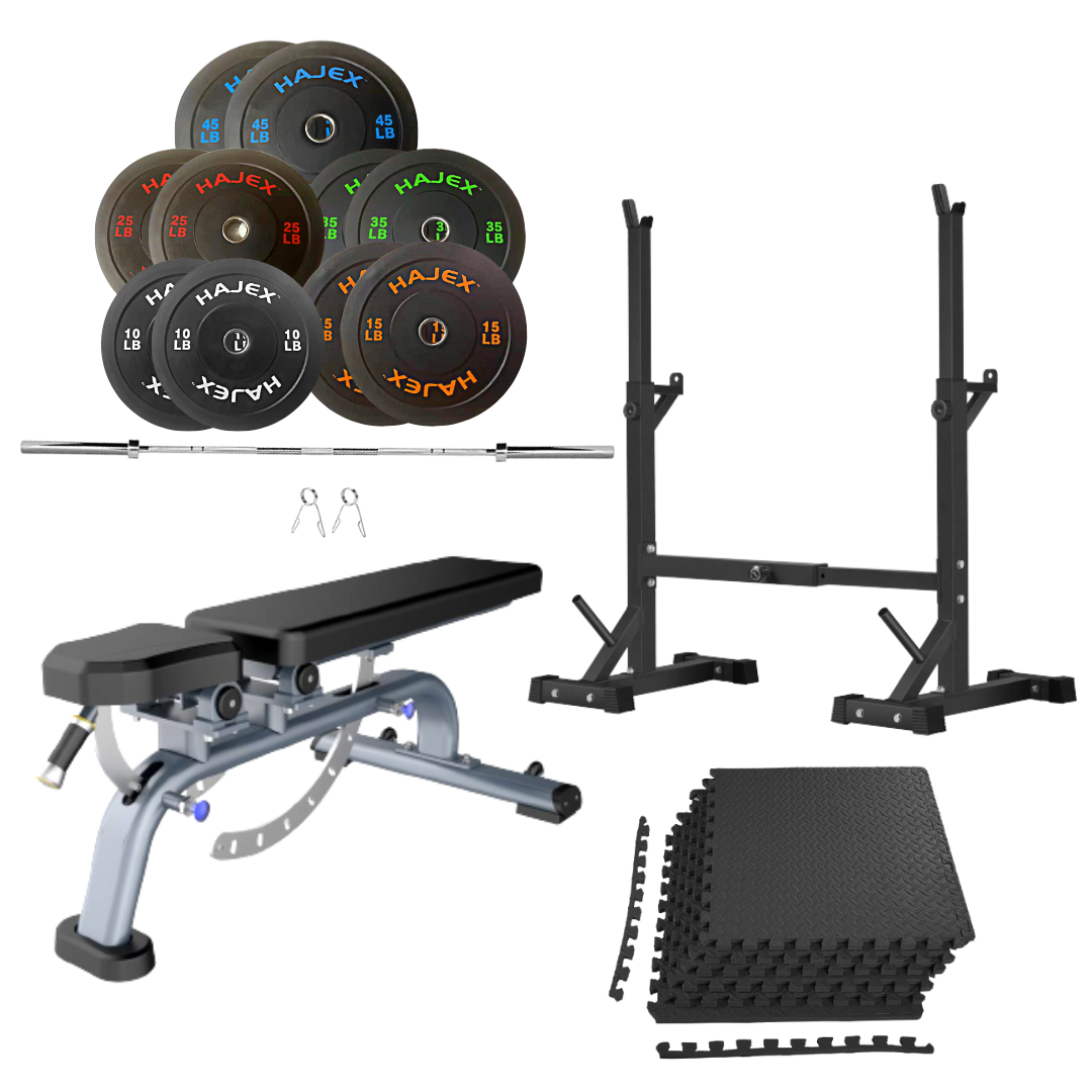 Bench Press Stack with Squat Rack, Weight Plates and Barbell Bar