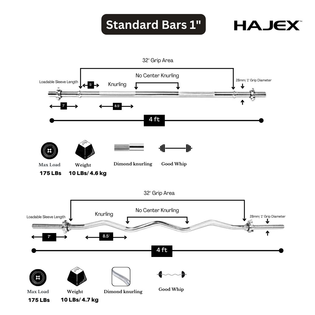 HAJEX Olympic and Standard Barbell Bars with Bearings and High Loading Capacity